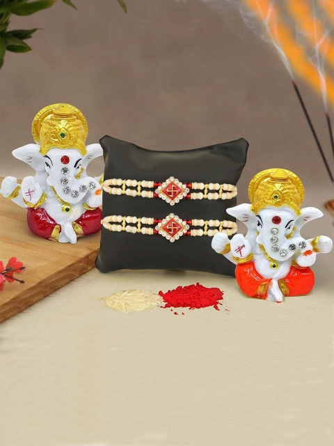 

TIED RIBBONS Set of 2 Rakhis with Mini Ganesha Idol & Roli Chawal Combo Gift Set, Multi