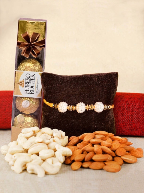

TIED RIBBONS Gold-Toned & White 4-Pieces Rakhi Gift Set