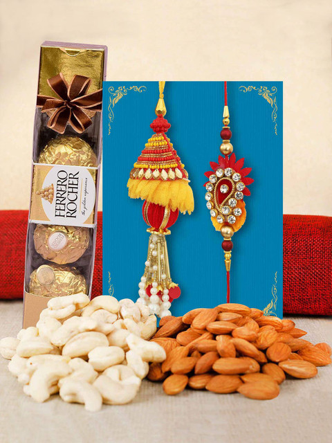 

TIED RIBBONS Bhaiya Bhabhi Rakhi Set with Almonds & Cashew & Chocolates Combo Gift Pack, Multi