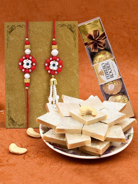 

TIED RIBBONS Bhaiya Bhabhi Lumba Rakhi Set Kaju Katli & Chocolates Combo Gift Pack, Red