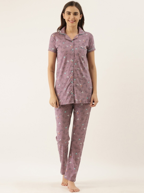 

GOLDSTROMS Women Mauve & Teal Printed Cotton Blend Night suit