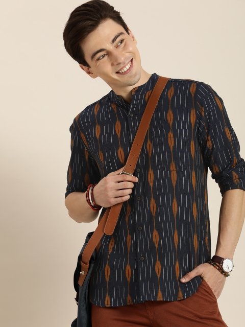 

Taavi Men Navy Blue & White Ikat Woven Design Sustainable Casual Shirt
