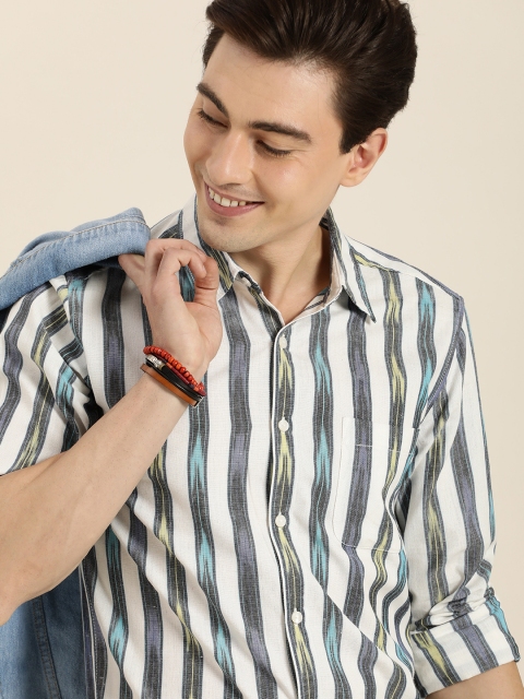 

Taavi Men Off White & Grey Ikat Woven Design Striped Casual Shirt with chest Pocket