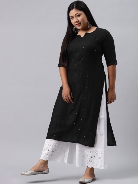 

EXTRA LOVE BY LIBAS Plus Size Women Black Geometric Embroidered Mirror Work Kurta