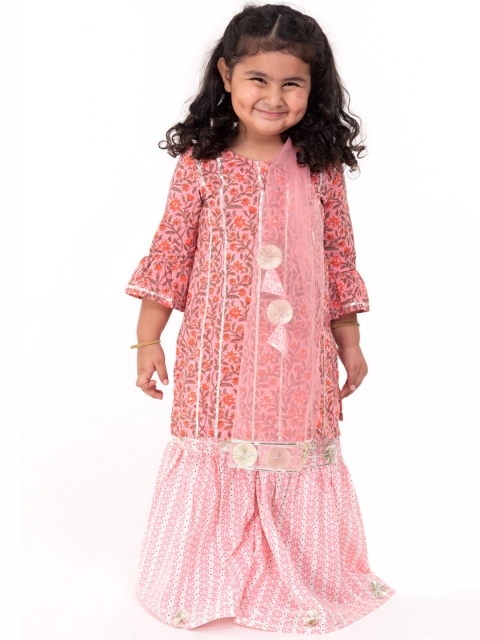 

Campana Girls Pink Ethnic Motifs Printed Gotta Patti Pure Cotton Kurta with Sharara & With Dupatta