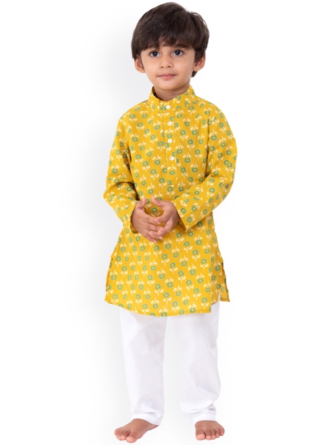 

Campana Boys Mustard Yellow Floral Printed Pure Cotton Kurta with Pyjamas