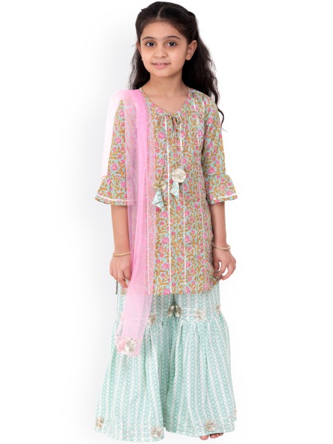 

Campana Girls Sea Green Ethnic Motifs Printed Pure Cotton Kurta with Sharara & With Dupatta