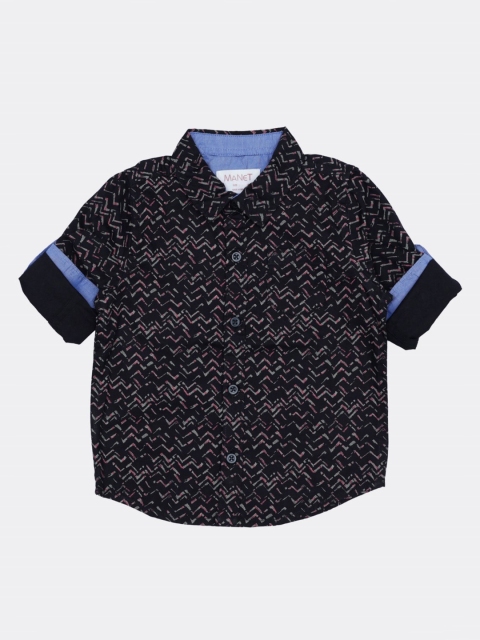 

MANET Boys Black & Blue Printed Roll Up Sleeves Casual Shirt