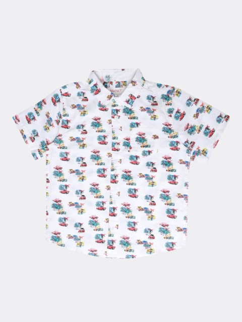 

MANET Boys White and Green Conversational Printed Casual Shirt