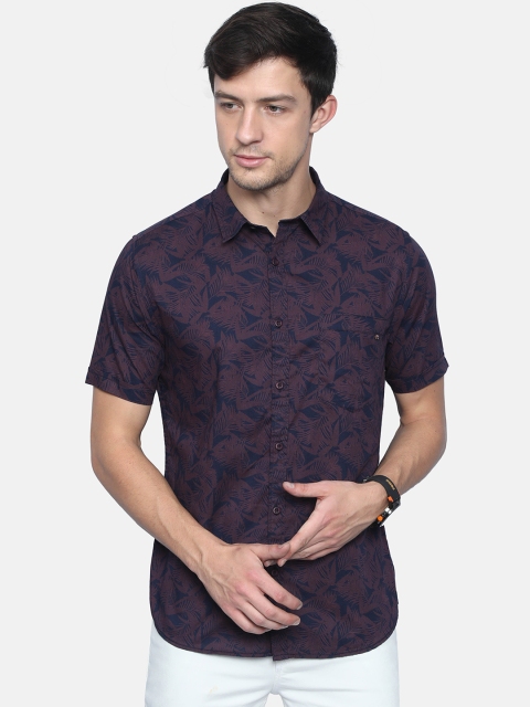 

VUDU Men Purple & Navy Blue Printed Tropical Pure Cotton Casual Shirt