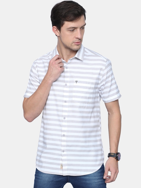 

VUDU Men White & Grey Horizontal Striped Cotton Casual Shirt