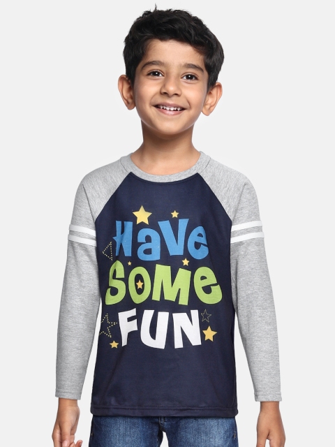 

GAME BEGINS Boys Navy Blue & Grey Melange Typography Printed Round Neck Pure Cotton Tshirt