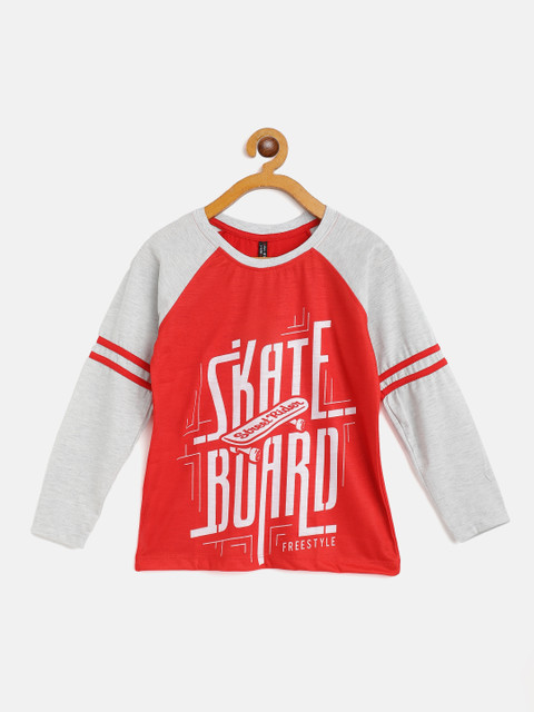 

GAME BEGINS Boys Red & Grey Melange Cotton Typography Printed T-shirt