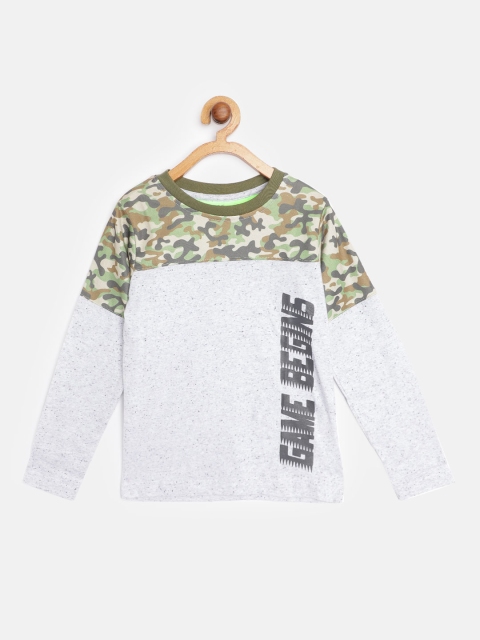 

GAME BEGINS Boys Grey Melange & Green Camouflage Print Cotton T-shirt