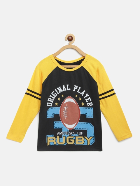 

GAME BEGINS Boys Black & Mustard Yellow Varsity Printed Pure Cotton T-shirt