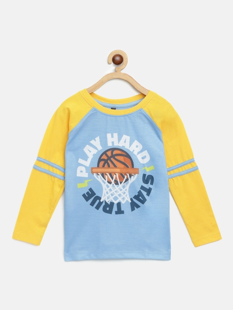 

GAME BEGINS Boys Blue & Mustard Yellow Basketball Slogan Printed Pure Cotton T-shirt