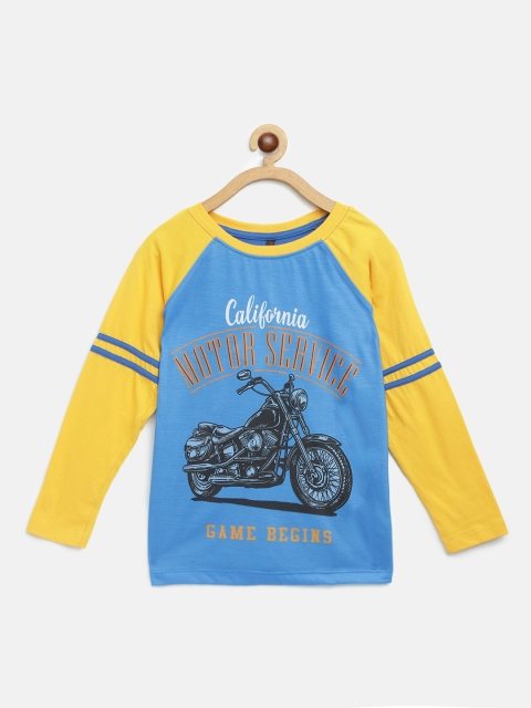 

GAME BEGINS Boys Blue & Yellow Cotton Biker Print T-shirt