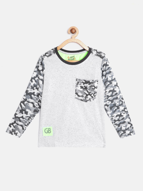 

GAME BEGINS Boys Grey Melange & Charcoal Grey Camouflage Print Cotton T-shirt