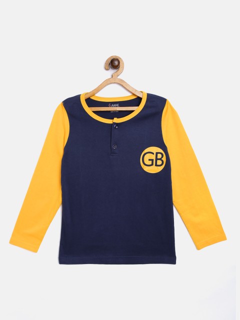 

GAME BEGINS Boys Navy Blue & Yellow Cotton Henley Neck T-shirt