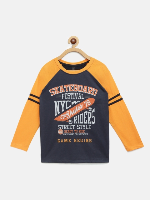 

GAME BEGINS Boys Navy Blue & Orange Cotton Printed T-shirt