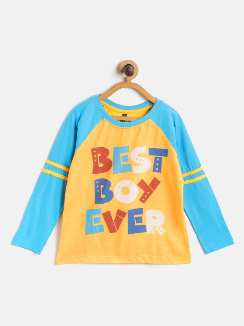 

GAME BEGINS Boys Mustard Yellow & Blue Slogan Printed Pure Cotton T-shirt