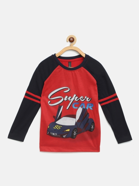 

GAME BEGINS Boys Red & Navy Blue Car Printed Pure Cotton T-shirt