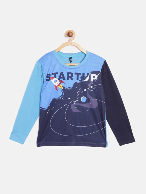

GAME BEGINS Boys Blue Colourblocked Cotton T-shirt with Printed Detail