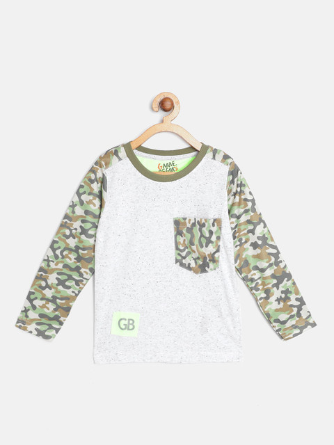 

GAME BEGINS Boys Grey Melange & Green Camouflage Print Cotton T-shirt