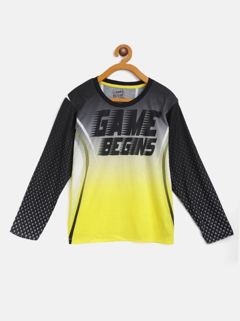 

GAME BEGINS Boys Black & Yellow Ombre Dyed Cotton T-shirt with Printed Detail