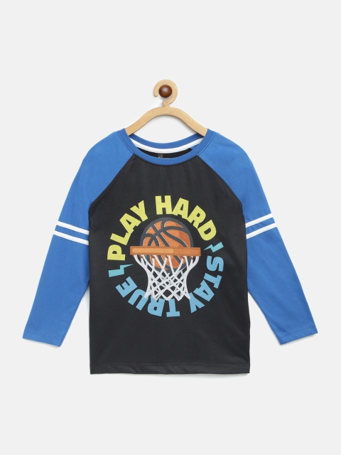 

GAME BEGINS Boys Black & Blue Basketball Slogan Printed Pure Cotton T-shirt