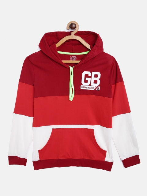 

GAME BEGINS Boys Maroon & Red Cotton Colourblocked Hooded Sweatshirt