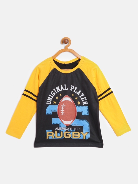 

GAME BEGINS Boys Black & Mustard Yellow Cotton Rugby & Varsity Print T-shirt