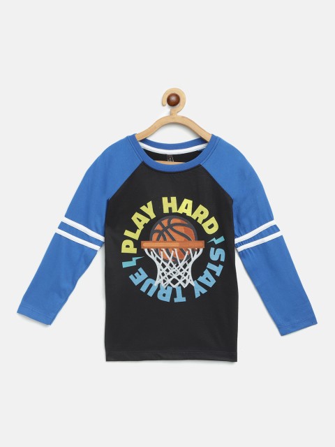 

GAME BEGINS Boys Black & Blue Basketball Slogan Printed Pure Cotton T-shirt