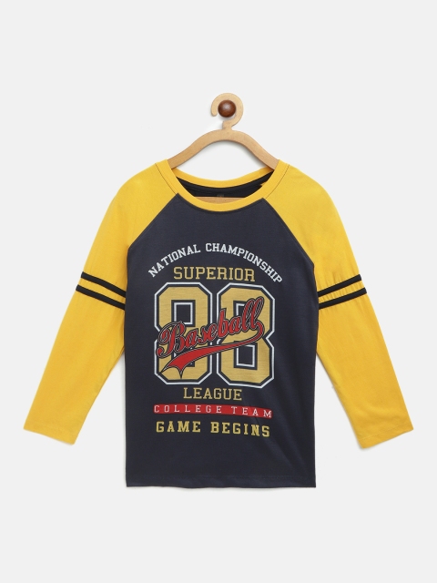 

GAME BEGINS Boys Navy Blue & Mustard Yellow Cotton Varsity Print T-shirt