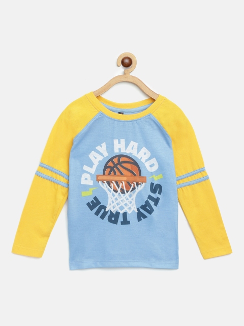 

GAME BEGINS Boys Blue & Mustard Yellow Basketball Slogan Printed Pure Cotton T-shirt