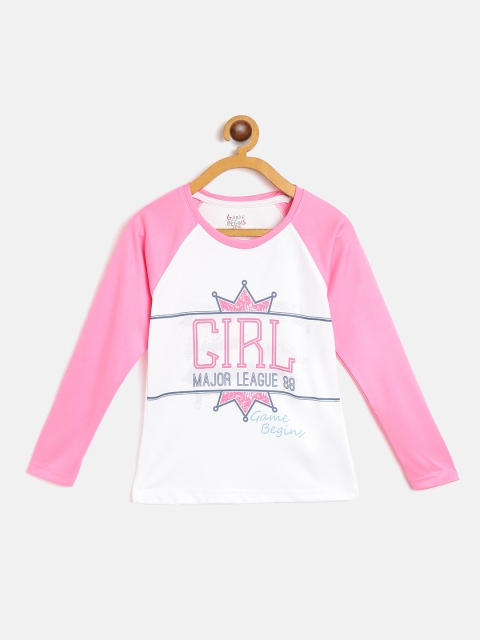 

GAME BEGINS Girls White & Pink Typography Printed T-shirt