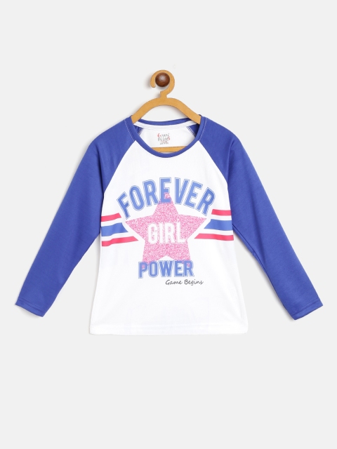 

GAME BEGINS Girls White & Blue Typography Printed T-shirt