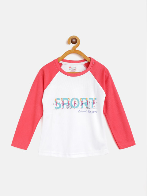 

GAME BEGINS Girls White & Coral Pink Typography Printed T-shirt