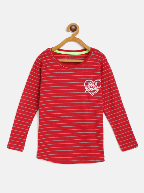 

GAME BEGINS Girls Red & Grey Striped T-shirt with Printed Detail