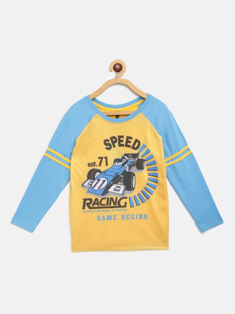 

GAME BEGINS Boys Mustard Yellow & Blue Racing Car Printed Pure Cotton T-shirt