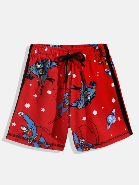 

GAME BEGINS Boys Red & Blue Batman & Superman Printed Cotton Shorts with Side Taping