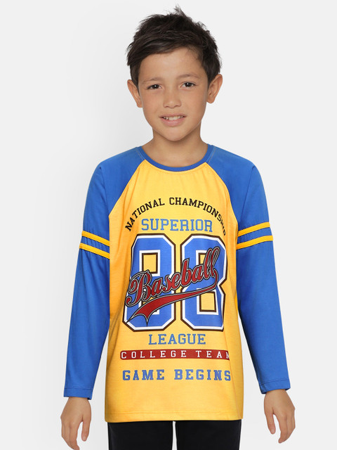 

GAME BEGINS Boys Mustard Yellow & Blue Pure Cotton Varsity Printed Raglan Sleeve T-shirt