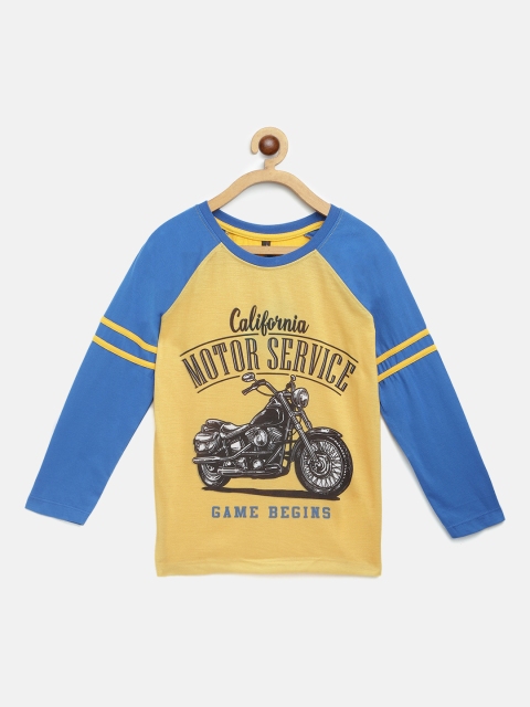 

GAME BEGINS Boys Mustard Yellow & Blue Bike Printed Pure Cotton T-shirt