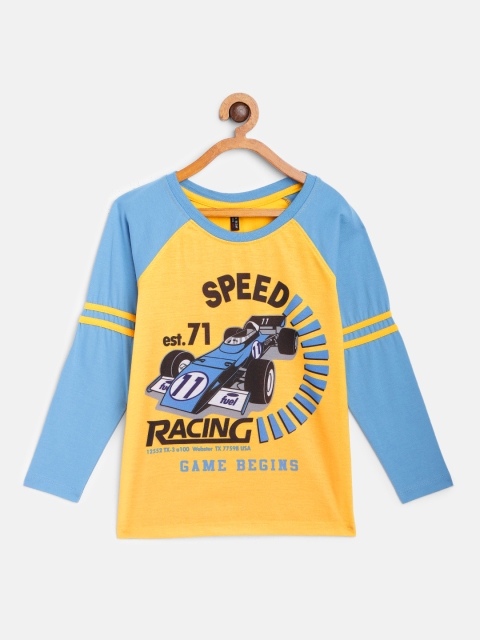 

GAME BEGINS Boys Mustard Yellow & Blue Colourblocked Pure Cotton T-shirt