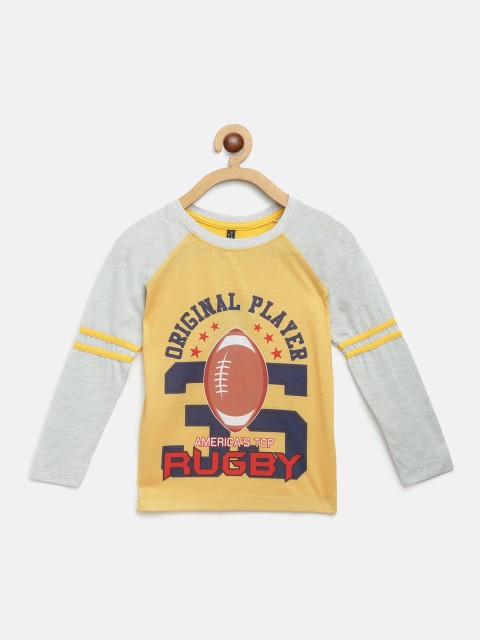 

GAME BEGINS Boys Mustard Yellow & Grey Melange Varsity Printed Pure Cotton T-shirt