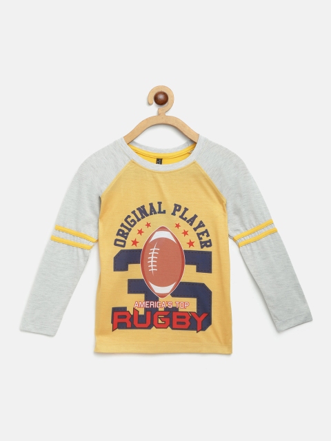 

GAME BEGINS Boys Mustard Yellow & Grey Melange Varsity Printed Pure Cotton T-shirt