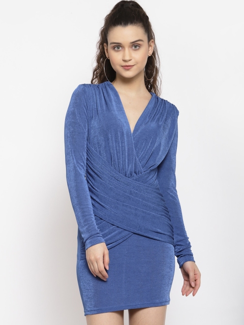 

iki chic Blue Solid Velvet Long Sleeve Bodycon Mini Dress