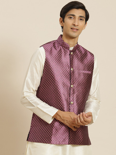 

Sojanya Men Purple & Golden Ethnic Motifs Print Nehru Jacket