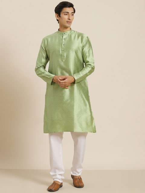 

SOJANYA Men Green & White Woven Design Regular Kurta with Churidar