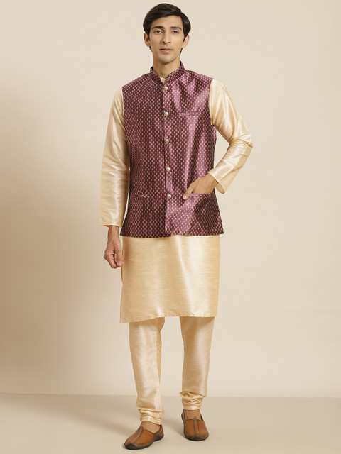 

SOJANYA Men Cream-Coloured Woven Design Straight Kurta Set & Nehru jacket